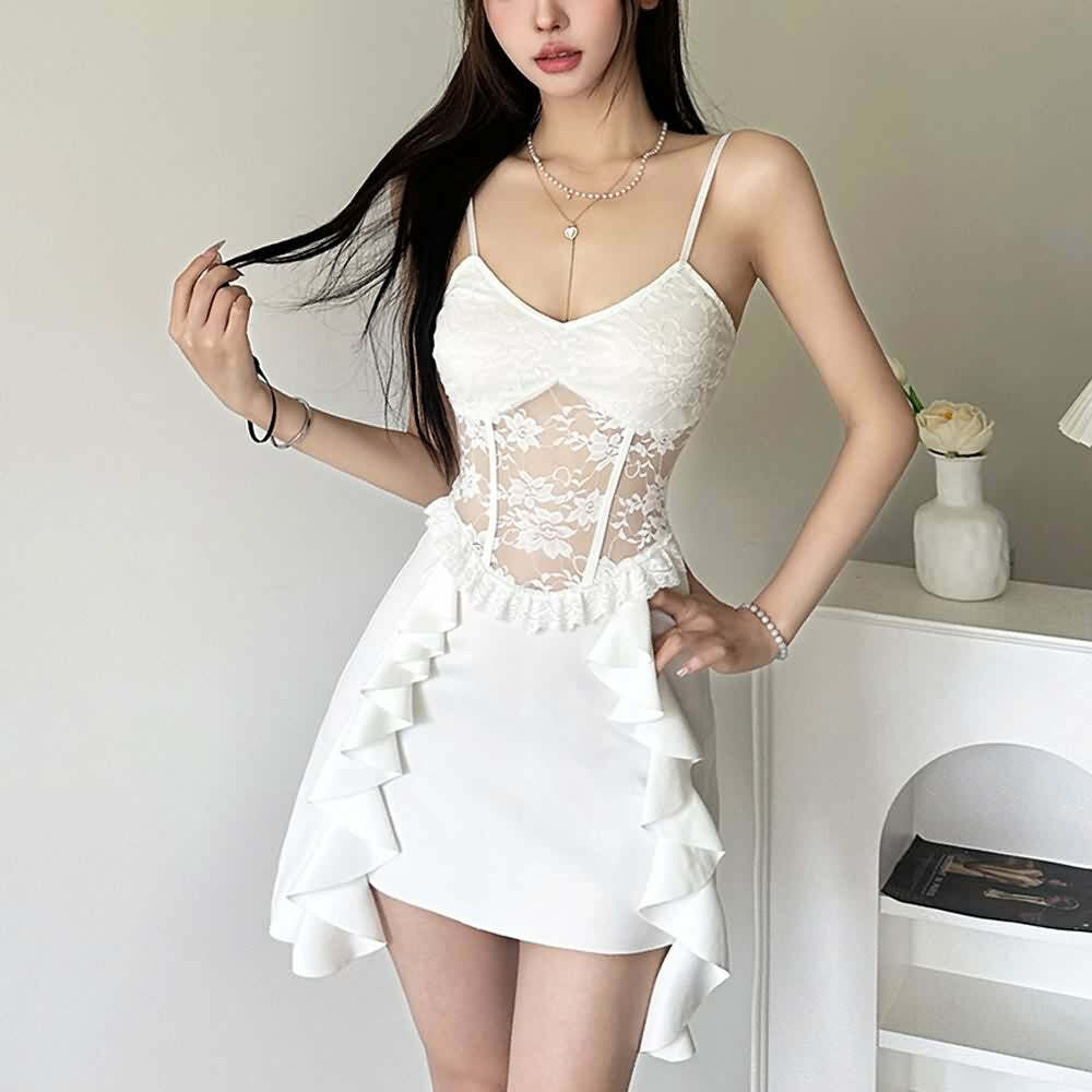 Y2K Gothic Floral Mesh Ruffle Mini Dress - 90s Grunge Summer Outfit, Retro Party Fashion