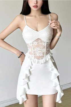 Y2K Gothic Floral Mesh Ruffle Mini Dress - 90s Grunge Summer Outfit, Retro Party Fashion