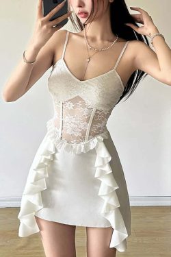 Y2K Gothic Floral Mesh Ruffle Mini Dress - 90s Grunge Summer Outfit, Retro Party Fashion