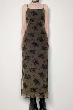 Y2K Gothic Floral Mesh Spaghetti Strap Midi Dress - 90s Grunge Summer Outfit