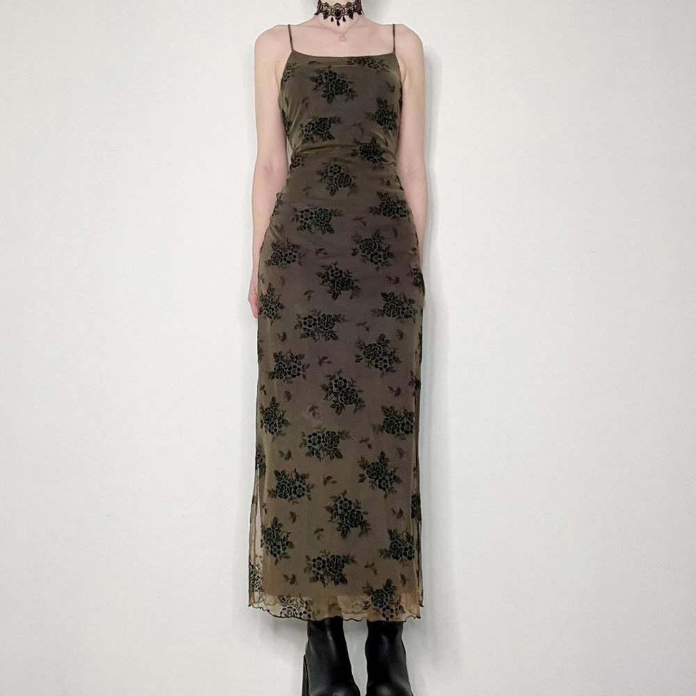 Y2K Gothic Floral Mesh Spaghetti Strap Midi Dress - 90s Grunge Summer Outfit