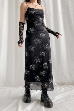 Y2K Gothic Floral Mesh Spaghetti Strap Midi Dress - 90s Grunge Summer Outfit