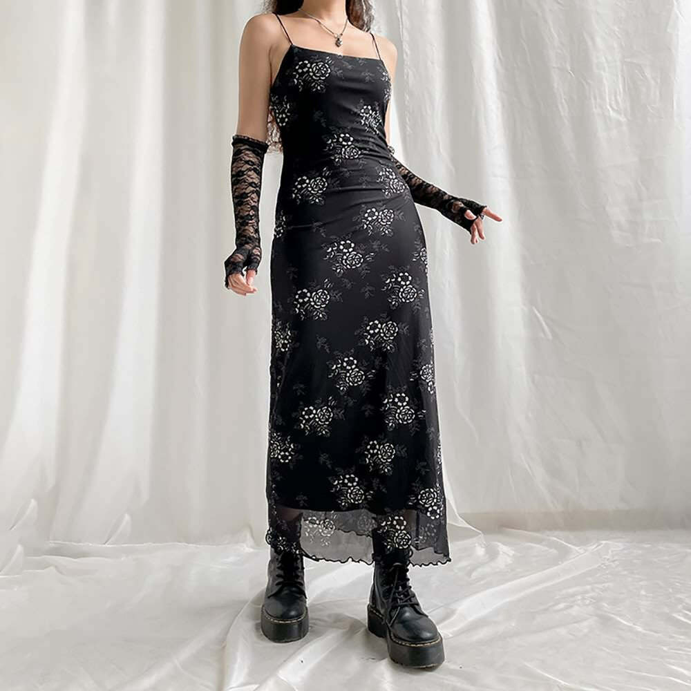 Y2K Gothic Floral Mesh Spaghetti Strap Midi Dress - 90s Grunge Summer Outfit