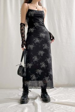 Y2K Gothic Floral Mesh Spaghetti Strap Midi Dress - 90s Grunge Summer Outfit