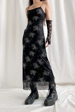Y2K Gothic Floral Mesh Spaghetti Strap Midi Dress - 90s Grunge Summer Outfit