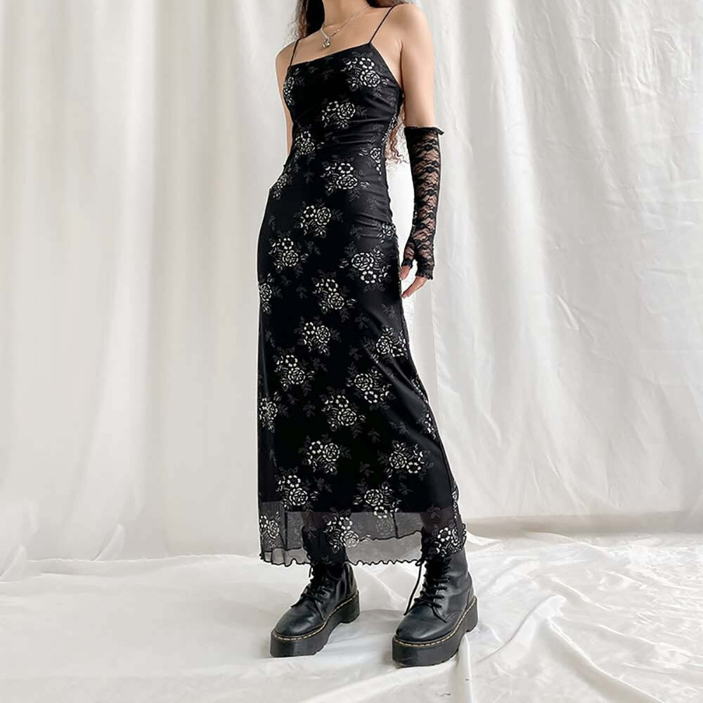 Y2K Gothic Floral Mesh Spaghetti Strap Midi Dress - 90s Grunge Summer Outfit