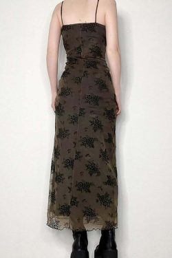 Y2K Gothic Floral Mesh Spaghetti Strap Midi Dress - 90s Grunge Summer Outfit