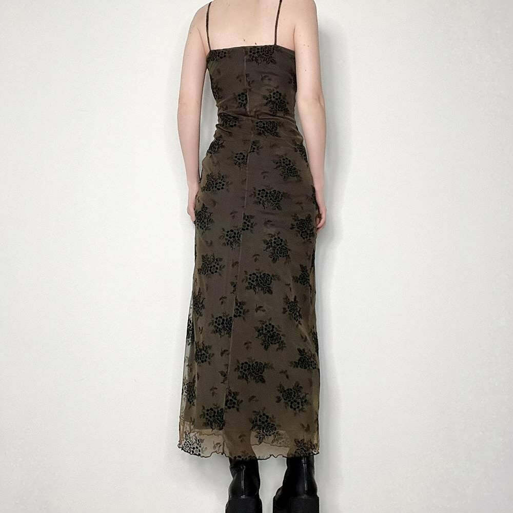 Y2K Gothic Floral Mesh Spaghetti Strap Midi Dress - 90s Grunge Summer Outfit