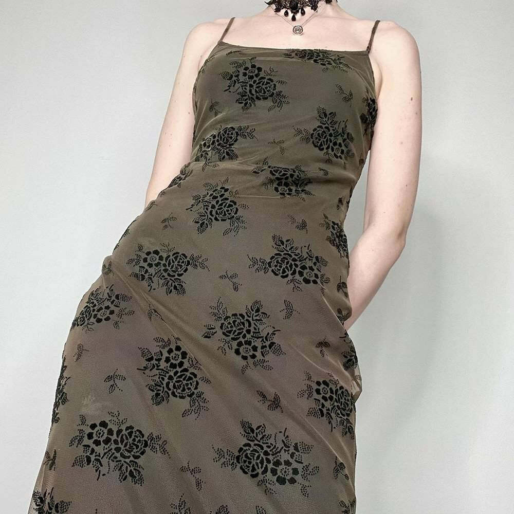 Y2K Gothic Floral Mesh Spaghetti Strap Midi Dress - 90s Grunge Summer Outfit