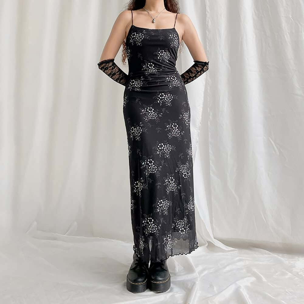 Y2K Gothic Floral Mesh Spaghetti Strap Midi Dress - 90s Grunge Summer Outfit