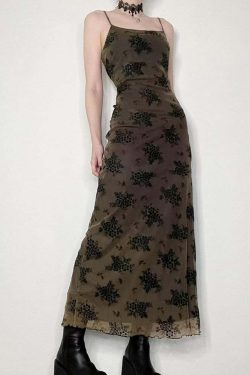 Y2K Gothic Floral Mesh Spaghetti Strap Midi Dress - 90s Grunge Summer Outfit