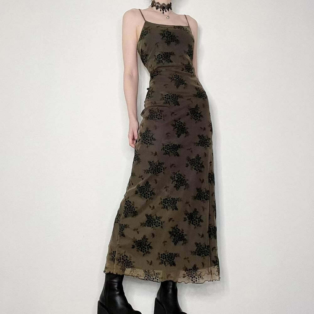 Y2K Gothic Floral Mesh Spaghetti Strap Midi Dress - 90s Grunge Summer Outfit