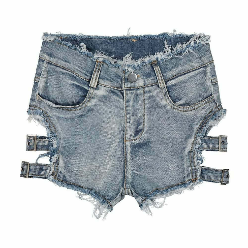 Y2K Gothic Frayed Hem Denim Shorts - 90s Grunge Summer Outfit, Retro Y2K Fashion