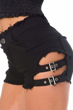 Y2K Gothic Frayed Hem Denim Shorts - 90s Grunge Summer Outfit, Retro Y2K Fashion