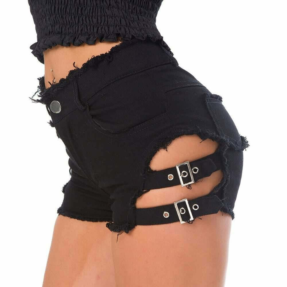 Y2K Gothic Frayed Hem Denim Shorts - 90s Grunge Summer Outfit, Retro Y2K Fashion