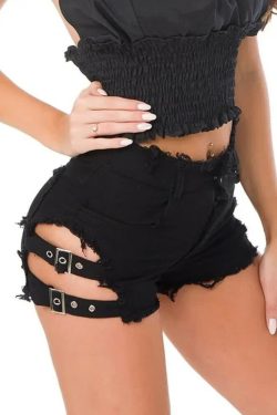 Y2K Gothic Frayed Hem Denim Shorts - 90s Grunge Summer Outfit, Retro Y2K Fashion