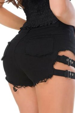 Y2K Gothic Frayed Hem Denim Shorts - 90s Grunge Summer Outfit, Retro Y2K Fashion