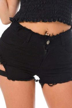 Y2K Gothic Frayed Hem Denim Shorts - 90s Grunge Summer Outfit, Retro Y2K Fashion