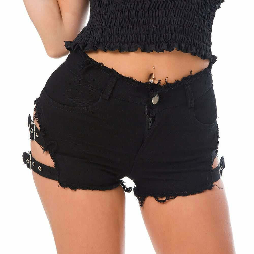 Y2K Gothic Frayed Hem Denim Shorts - 90s Grunge Summer Outfit, Retro Y2K Fashion