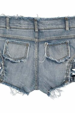 Y2K Gothic Frayed Hem Denim Shorts - 90s Grunge Summer Outfit, Retro Y2K Fashion