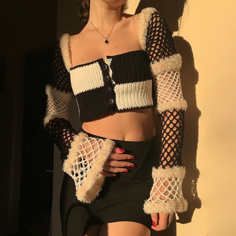 Y2K Gothic Fur Trim Crop Cardigan - 90s Grunge, Retro Style, Y2K Summer & Party Outfits