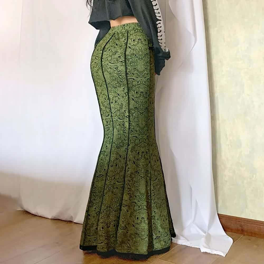 Y2K Gothic Green Maxi Skirt - Retro 90s Grunge Summer Outfit, Perfect for Y2K Parties