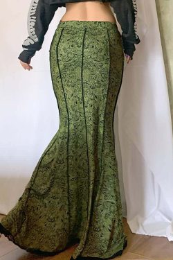 Y2K Gothic Green Maxi Skirt - Retro 90s Grunge Summer Outfit, Perfect for Y2K Parties