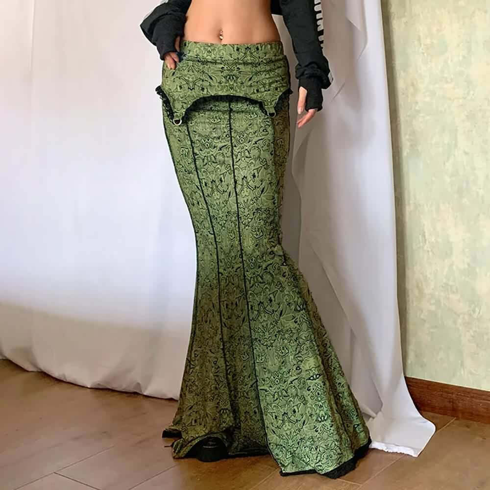 Y2K Gothic Green Maxi Skirt - Retro 90s Grunge Summer Outfit, Perfect for Y2K Parties