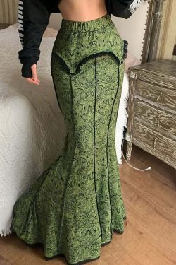 Y2K Gothic Green Maxi Skirt - Retro 90s Grunge Summer Outfit, Perfect for Y2K Parties