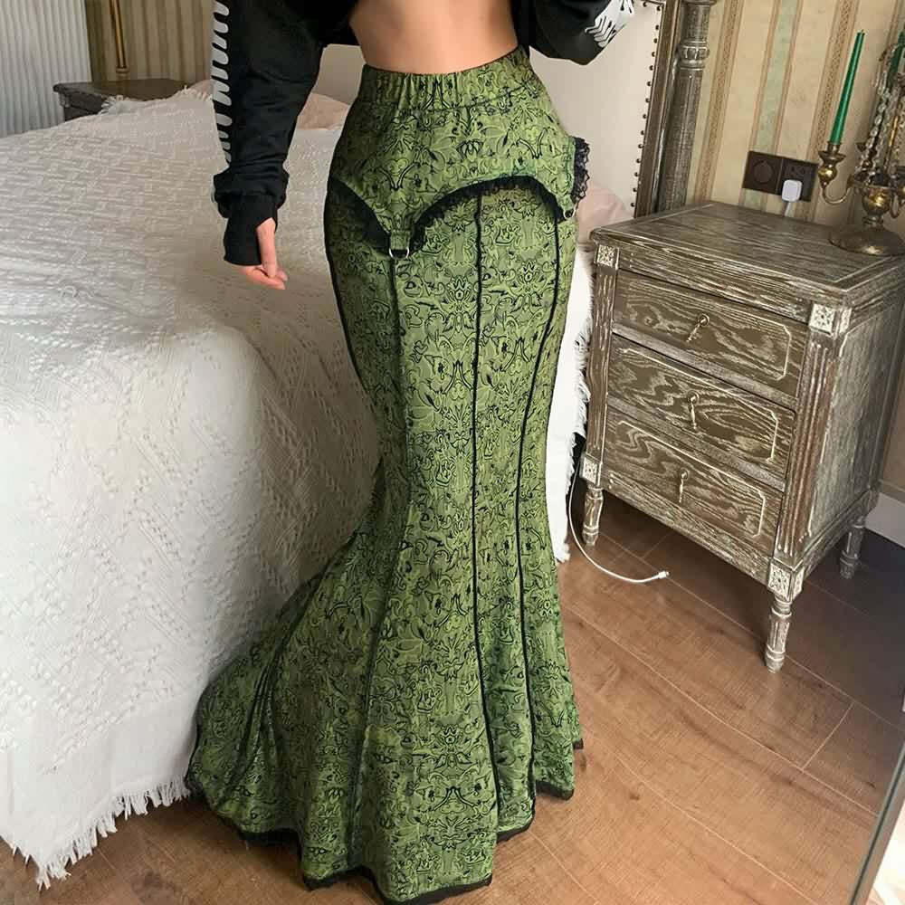 Y2K Gothic Green Maxi Skirt - Retro 90s Grunge Summer Outfit, Perfect for Y2K Parties