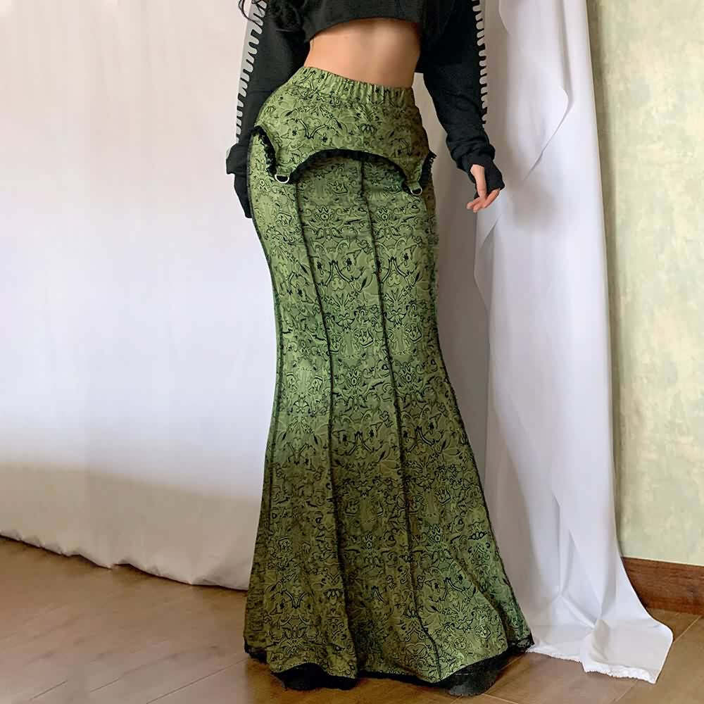 Y2K Gothic Green Maxi Skirt - Retro 90s Grunge Summer Outfit, Perfect for Y2K Parties
