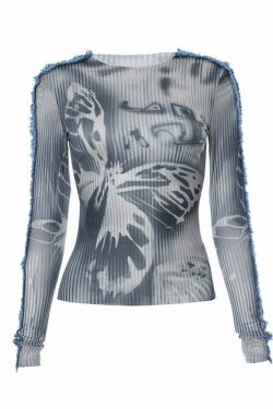 Y2K Gothic Grunge Butterfly Long Sleeve Top - Retro 90s Fashion, Summer Y2K Outfits