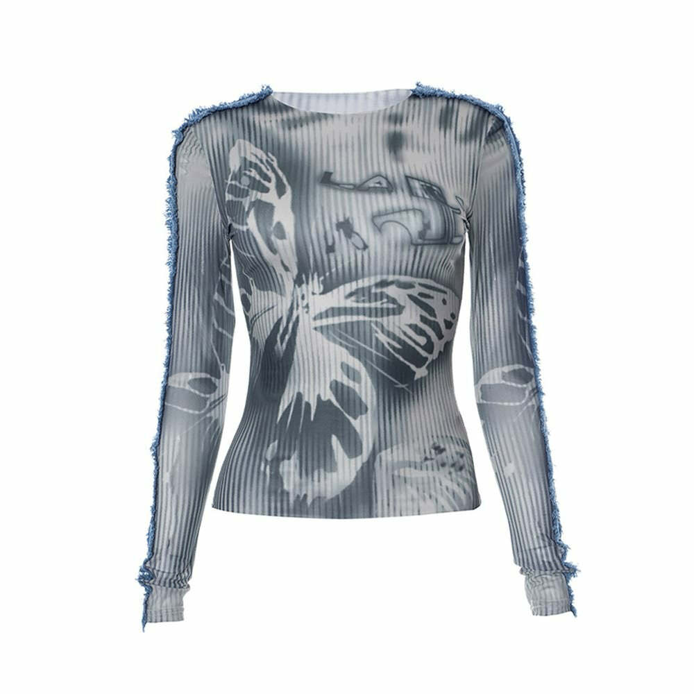 Y2K Gothic Grunge Butterfly Long Sleeve Top - Retro 90s Fashion, Summer Y2K Outfits