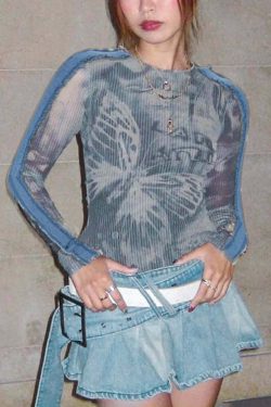 Y2K Gothic Grunge Butterfly Long Sleeve Top - Retro 90s Fashion, Summer Y2K Outfits