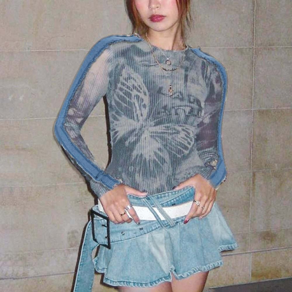 Y2K Gothic Grunge Butterfly Long Sleeve Top - Retro 90s Fashion, Summer Y2K Outfits