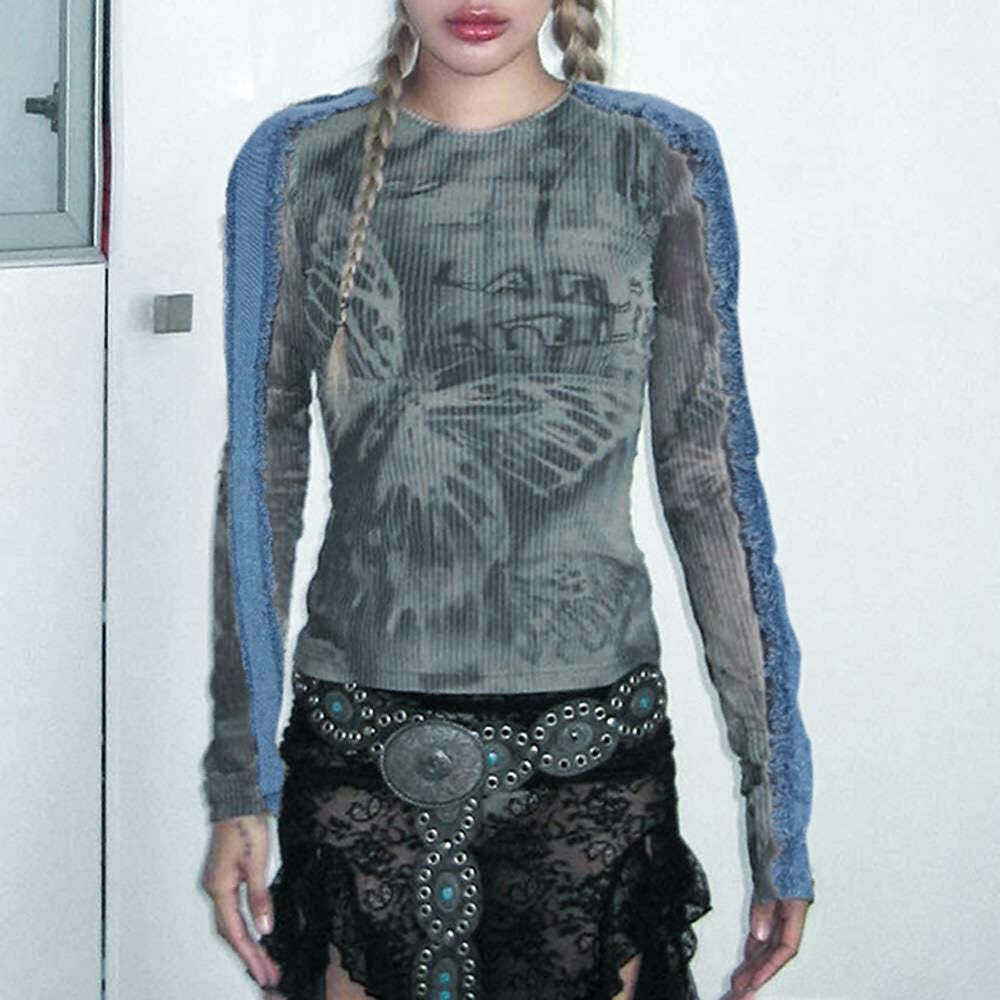 Y2K Gothic Grunge Butterfly Long Sleeve Top - Retro 90s Fashion, Summer Y2K Outfits