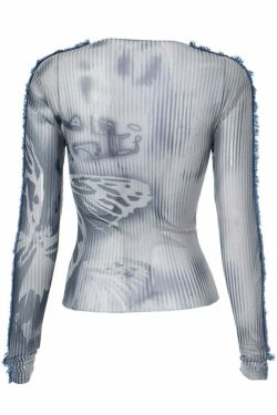 Y2K Gothic Grunge Butterfly Long Sleeve Top - Retro 90s Fashion, Summer Y2K Outfits