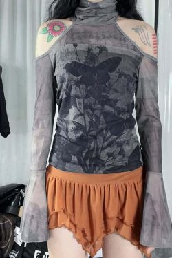Y2K Gothic Grunge Cold Shoulder Turtleneck Long Sleeve Top - Retro 90s Fashion for Women