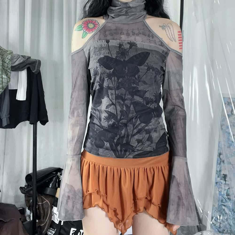 Y2K Gothic Grunge Cold Shoulder Turtleneck Long Sleeve Top - Retro 90s Fashion for Women