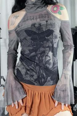 Y2K Gothic Grunge Cold Shoulder Turtleneck Long Sleeve Top - Retro 90s Fashion for Women