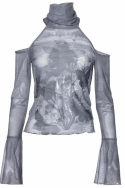 Y2K Gothic Grunge Cold Shoulder Turtleneck Long Sleeve Top - Retro 90s Fashion for Women