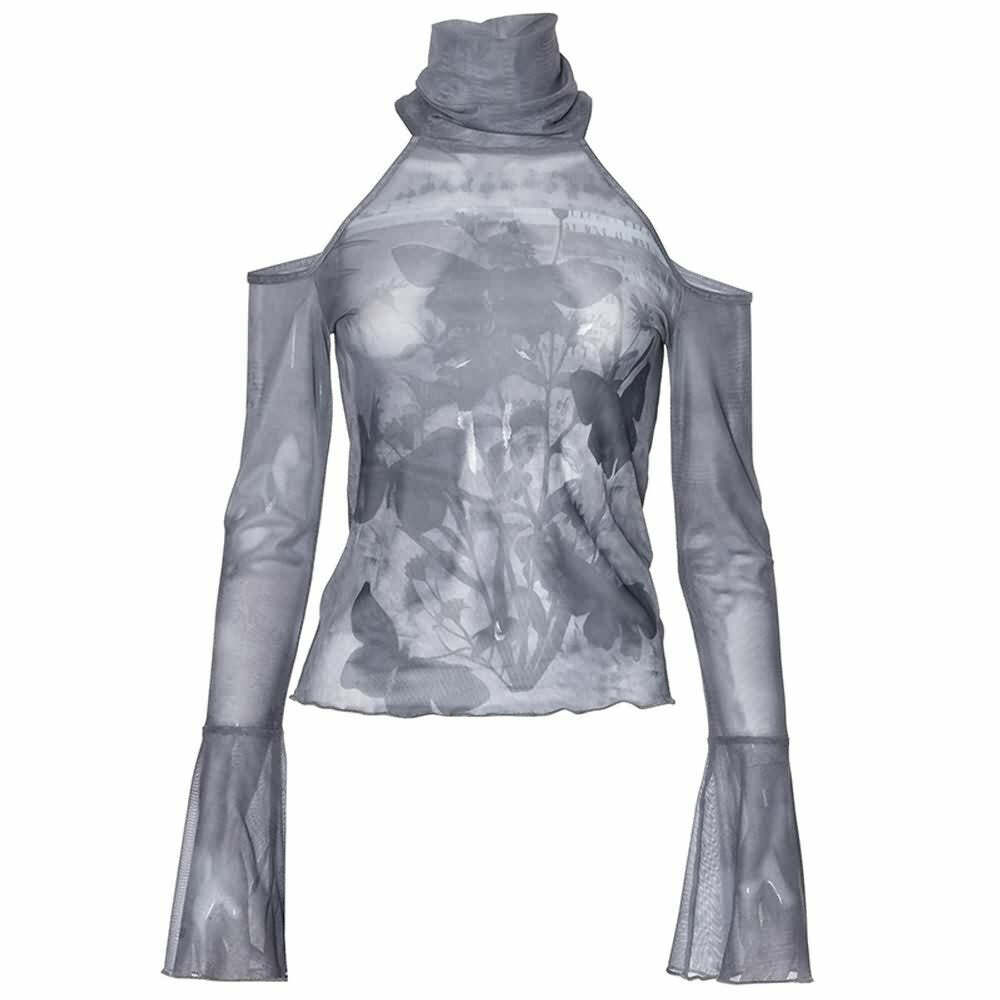 Y2K Gothic Grunge Cold Shoulder Turtleneck Long Sleeve Top - Retro 90s Fashion for Women
