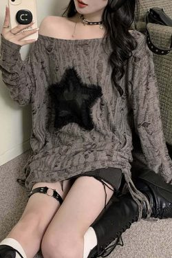 Y2K Gothic Grunge Distressed Baggy Sweater - 90s Retro Style, Summer Y2K Outfits