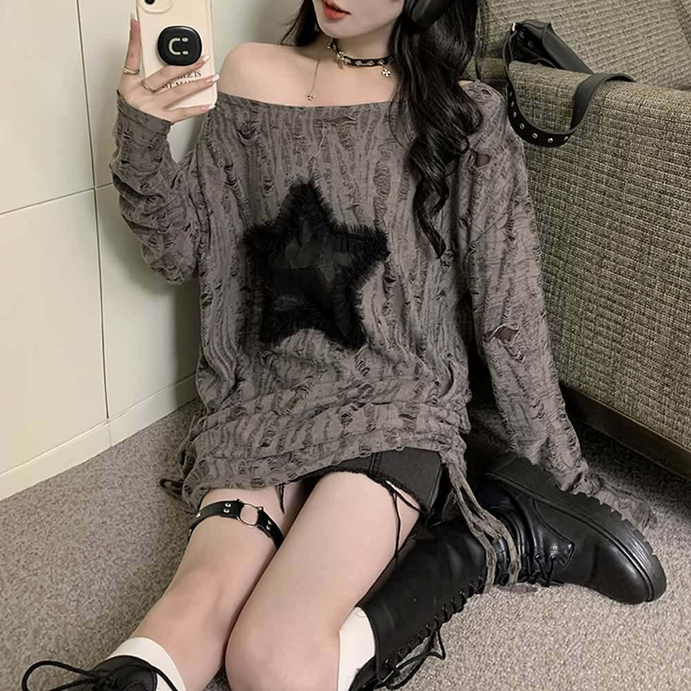 Y2K Gothic Grunge Distressed Baggy Sweater - 90s Retro Style, Summer Y2K Outfits
