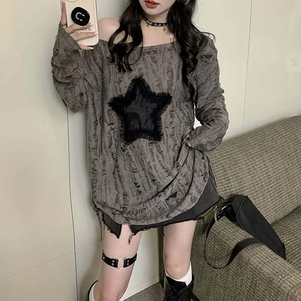 Y2K Gothic Grunge Distressed Baggy Sweater - 90s Retro Style, Summer Y2K Outfits
