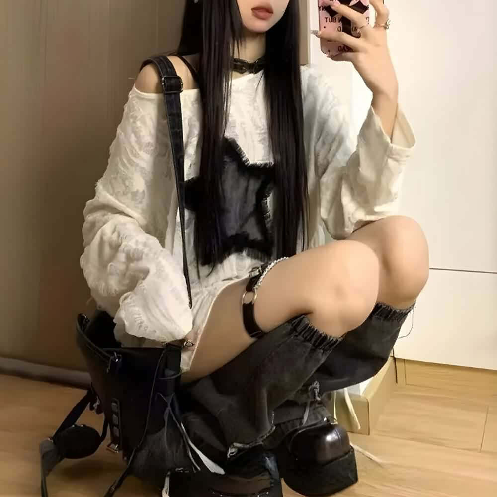 Y2K Gothic Grunge Distressed Baggy Sweater - 90s Retro Style, Summer Y2K Outfits