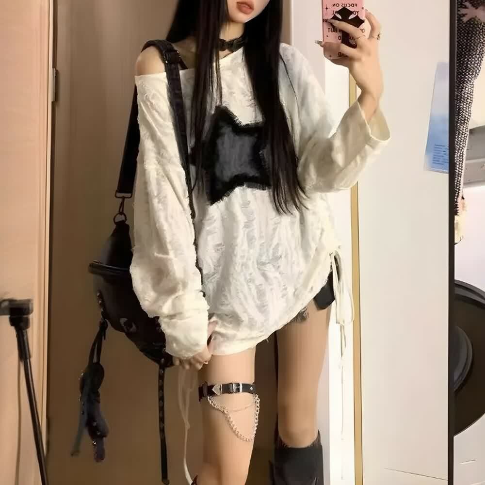 Y2K Gothic Grunge Distressed Baggy Sweater - 90s Retro Style, Summer Y2K Outfits