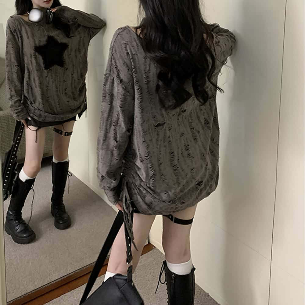 Y2K Gothic Grunge Distressed Baggy Sweater - 90s Retro Style, Summer Y2K Outfits