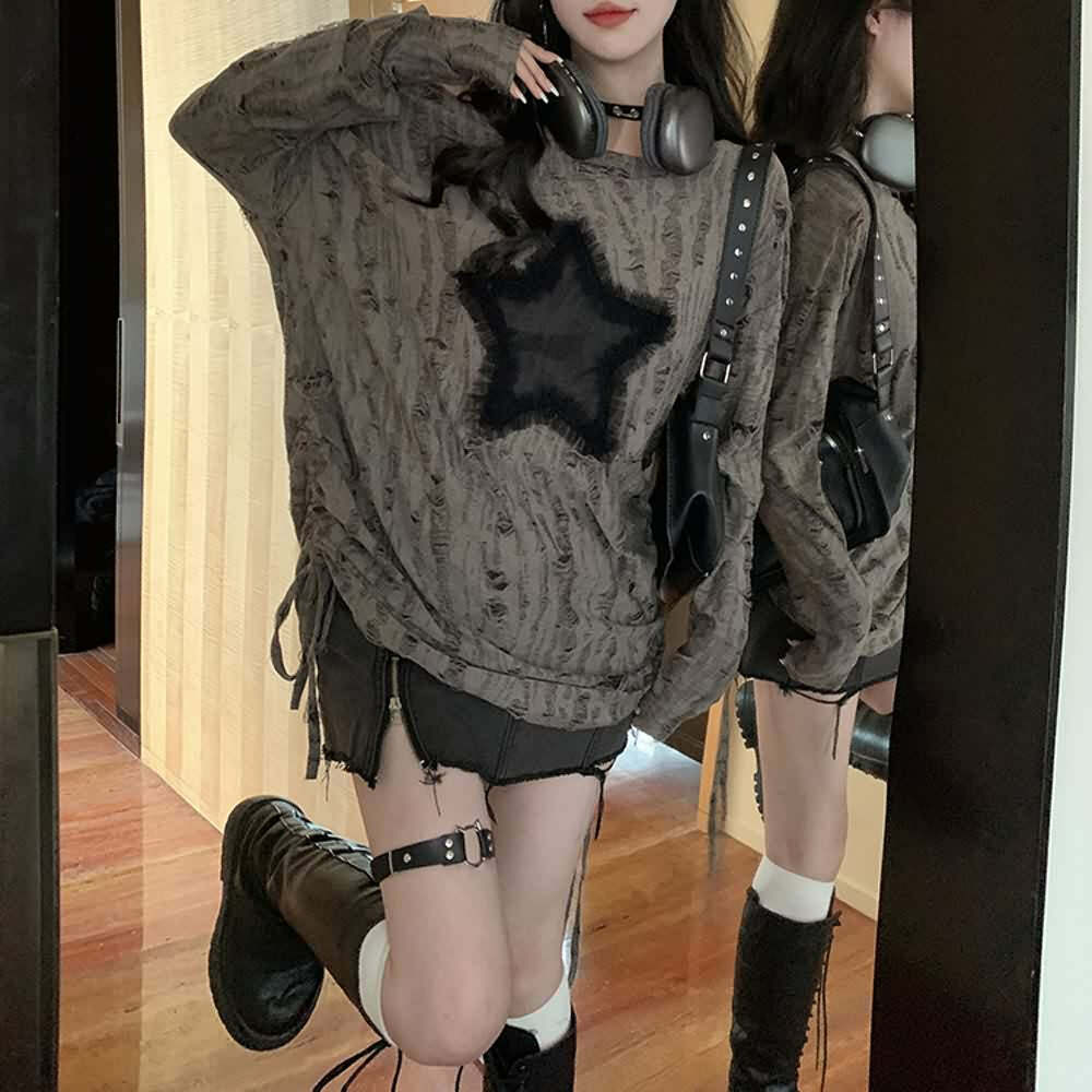 Y2K Gothic Grunge Distressed Baggy Sweater - 90s Retro Style, Summer Y2K Outfits