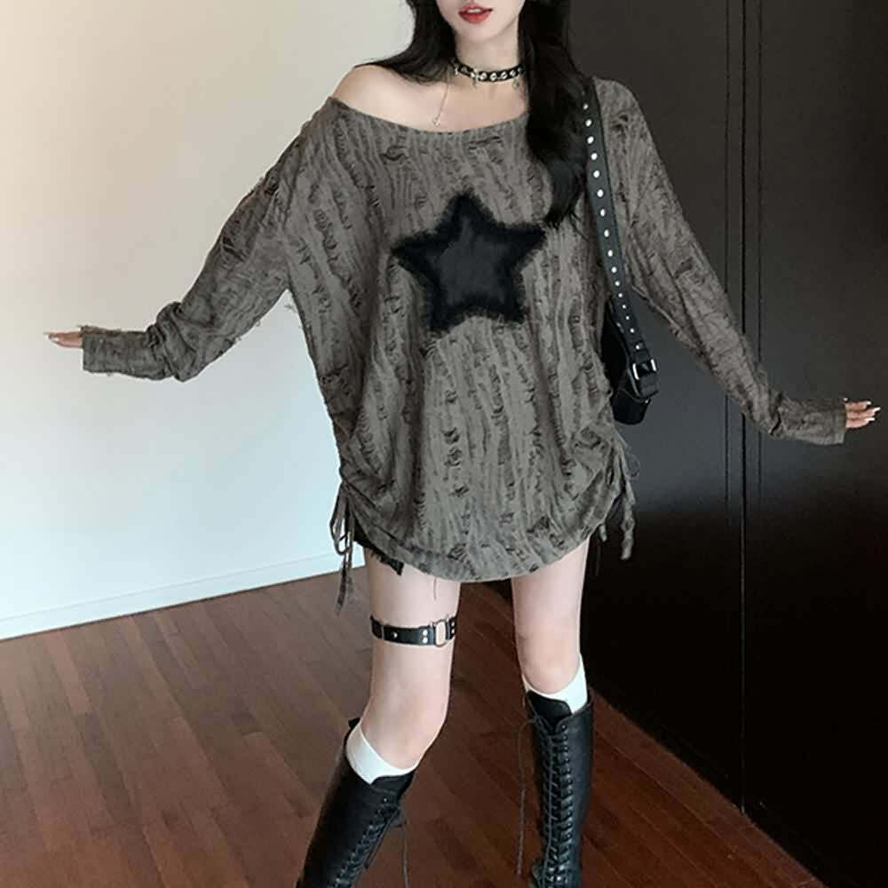Y2K Gothic Grunge Distressed Baggy Sweater - 90s Retro Style, Summer Y2K Outfits